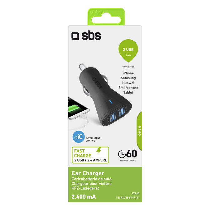 SBS - Autó Töltő 2x USB, 2.4A, fekete
