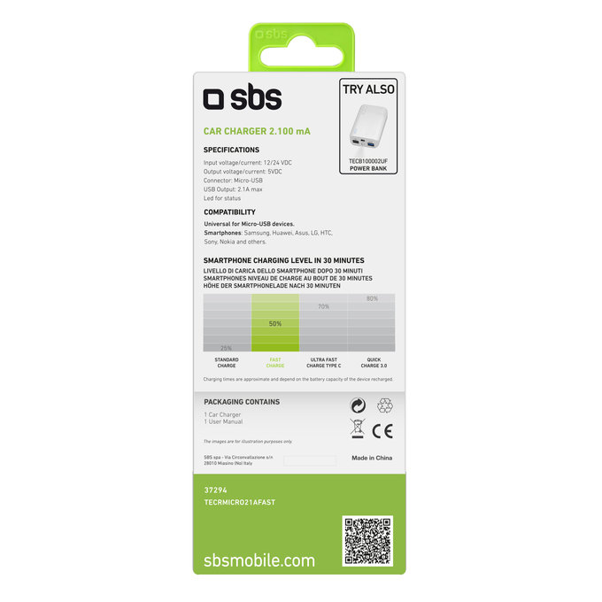 SBS - Autó Töltő Micro-USB, 2.1A, fekete