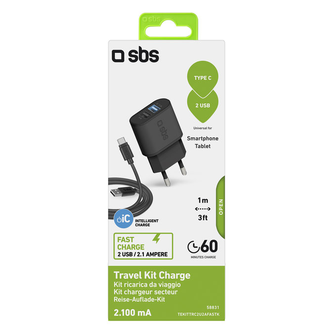 SBS - 10W Töltőadapter 2x USB + Kábel USB / USB-C, fekete