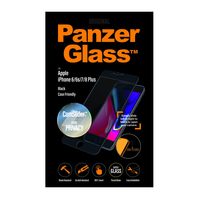 PanzerGlass - edzett üveg, magánélet, ügyes barát, CamSlider iPhone 8/7 / 6S / 6 Plus, fekete