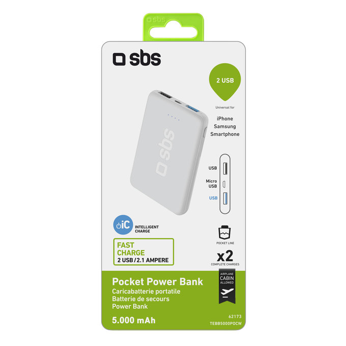 SBS - PowerBank 5000 mAh - 2x USB, Micro-USB, fehér