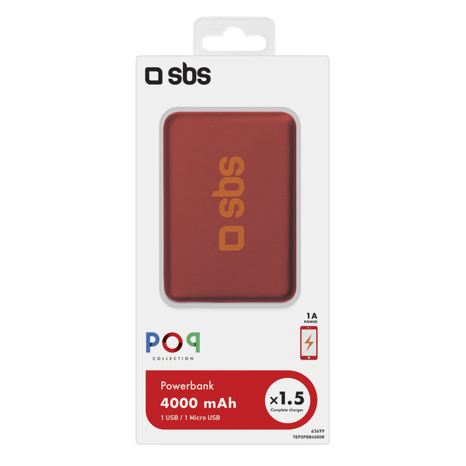 SBS - PowerBank 4000 mAh - USB, Micro-USB, piros