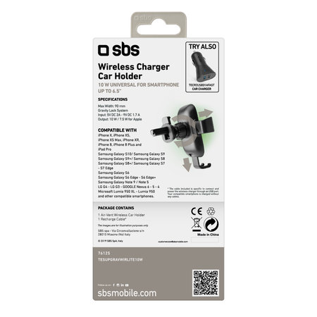 SBS - Gravitációs autós tartó vezeték nélküli töltéssel, 10W, Qi, fekete