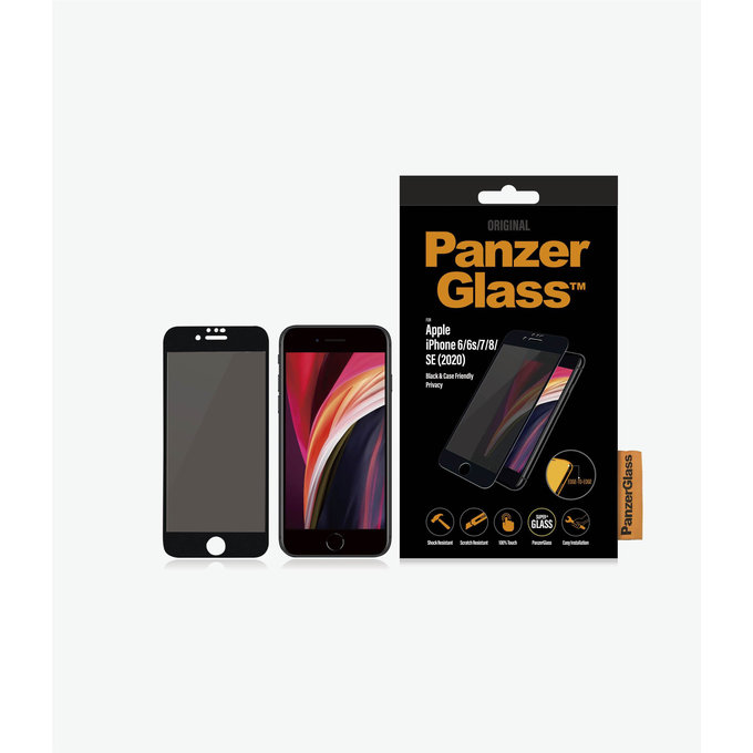 PanzerGlass - Edzett Üveg Privacy Case Friendly - iPhone 6, 6s, 7, 8, SE 2020 és SE 2022, fekete