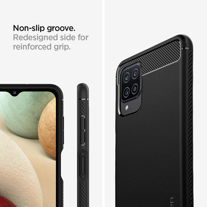 Spigen - Rugged Armor tok Samsung Galaxy A12 készülékhez, fekete