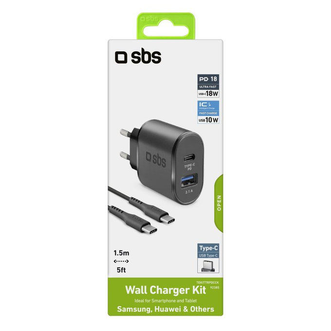 SBS - 18W Töltőadapter USB, USB-C + Kábel USB-C / USB-C, fekete
