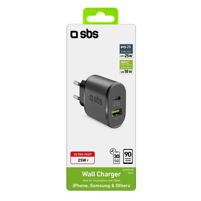 SBS - 25W Töltőadapter USB, USB-C, fekete