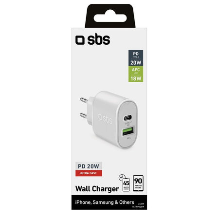 SBS - 20W Töltőadapter USB, USB-C, fehér
