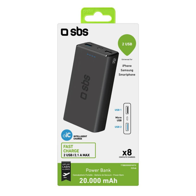 SBS - PowerBank 20 000 mAh, 2x USB, Micro-USB, fekete