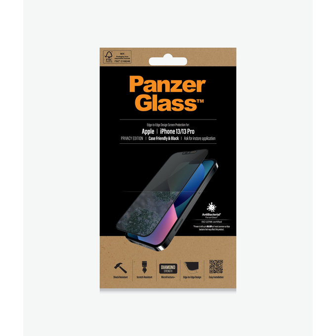 PanzerGlass - Edzett Üveg Case Friendly Privacy AB - iPhone 13, 13 Pro, 14 és 16e, fekete
