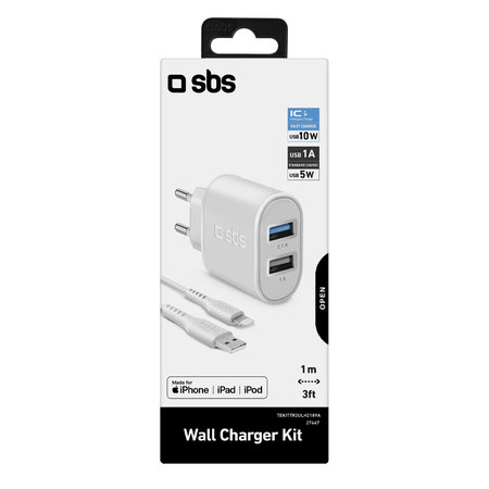 SBS - 10W Töltőadapter 2x USB + Kábel USB / Lightning, fehér