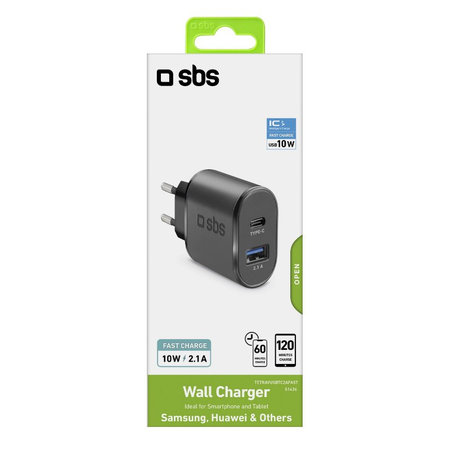 SBS - 10W Töltőadapter USB, USB-C, fekete