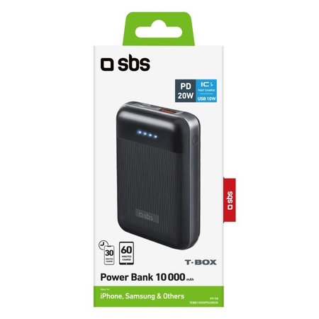 SBS - PowerBank 10 000 mAh, USB, USB-C PowerDelivery 20W, fekete