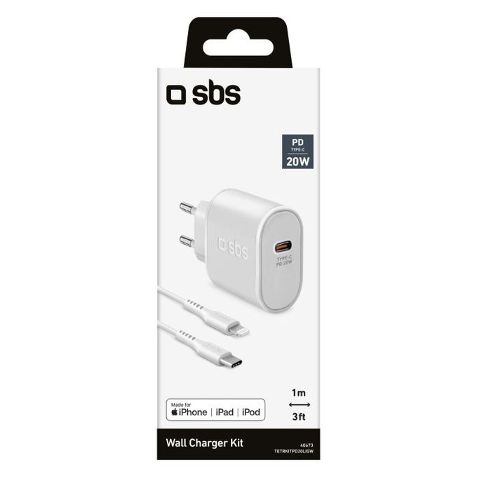 SBS - 20W Töltőadapter USB-C PowerDelivery + Kábel Lightning (1m), fehér