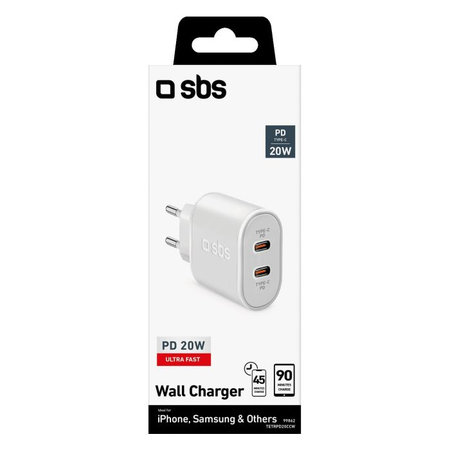 SBS - 20W Töltőadapter 2x USB-C Power Delivery, fehér