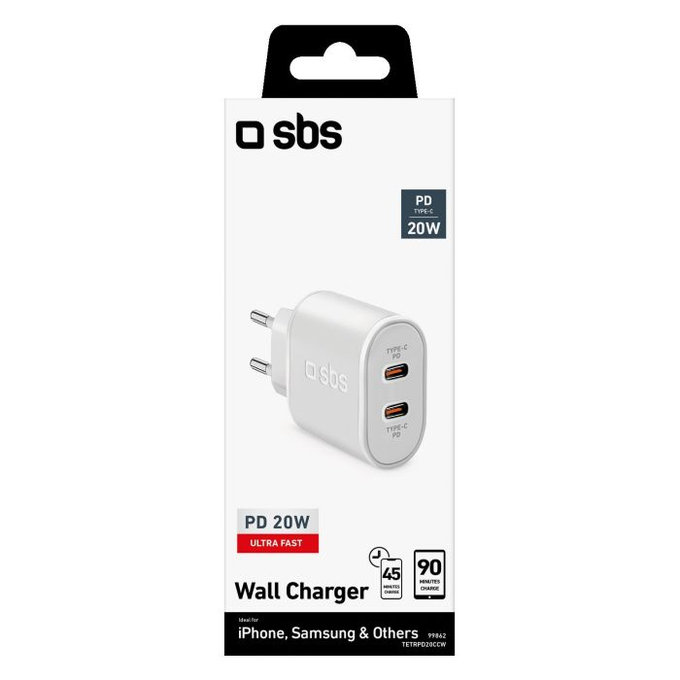 SBS - 20W Töltőadapter 2x USB-C Power Delivery, fehér