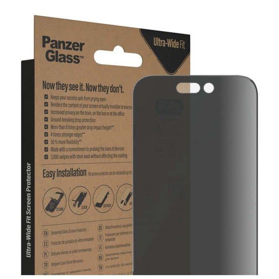 Edzett üveg UWF Privacy AB applikátorral iPhone 14 Pro készülékhez, Fekete, PanzerGlass
