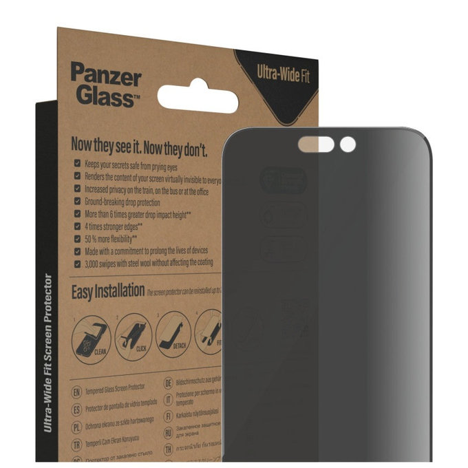 Edzett üveg UWF Privacy AB applikátorral iPhone 14 Pro Max készülékhez, Fekete, PanzerGlass