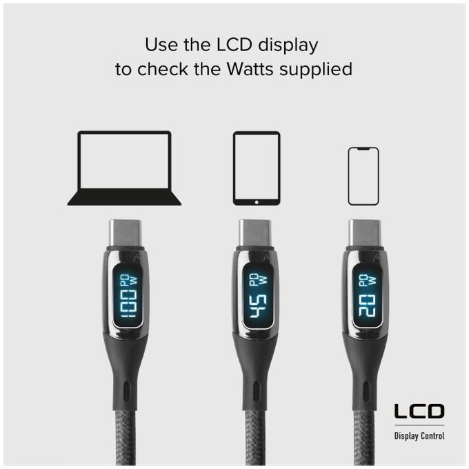 SBS - USB-C / USB-C PowerDelivery Kábel LCD kijelzővel 100W (1m), fekete