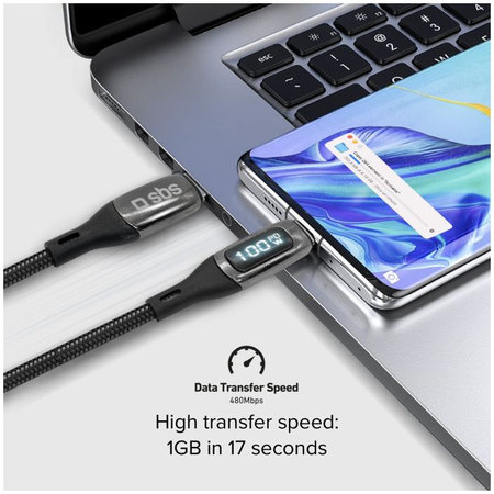 SBS - USB-C / USB-C PowerDelivery Kábel LCD kijelzővel 100W (1m), fekete