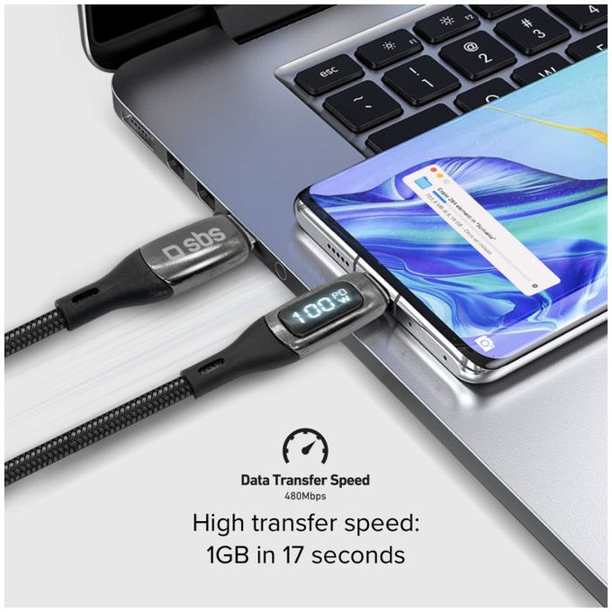 SBS - USB-C / USB-C PowerDelivery Kábel LCD kijelzővel 100W (1m), fekete
