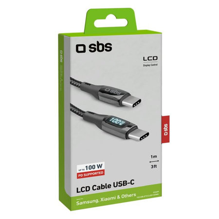 SBS - USB-C / USB-C PowerDelivery Kábel LCD kijelzővel 100W (1m), fekete