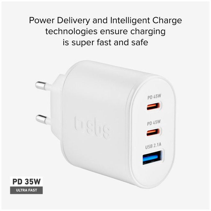 SBS - 45W Töltőadapter USB, 2x USB-C, PowerDelivery, fehér