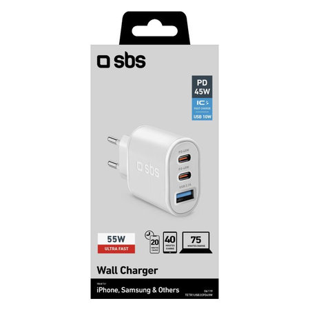 SBS - 45W Töltőadapter USB, 2x USB-C, PowerDelivery, fehér
