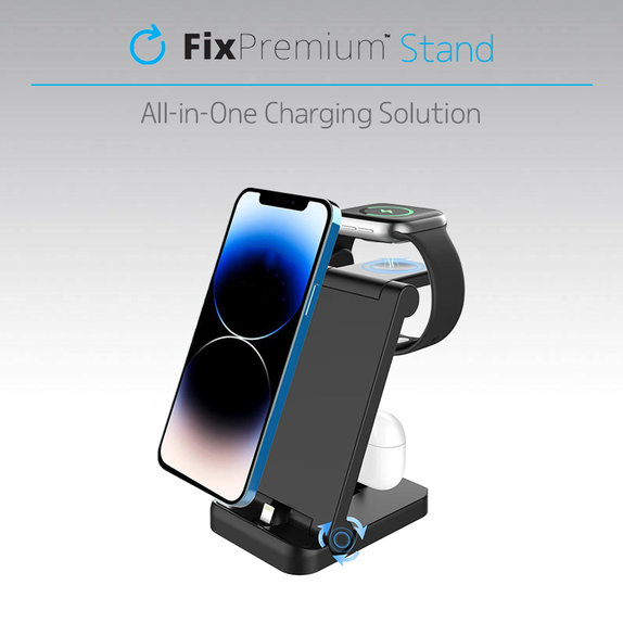 FixPremium - Összecsukható 3in1 állvány iPhone-hoz, Apple Watch-hoz és AirPods-hoz, fekete