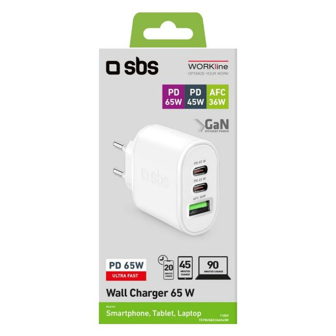 SBS - 65W Töltőadapter USB (36W), 2x USB-C (65W, 45W), PowerDelivery, fehér