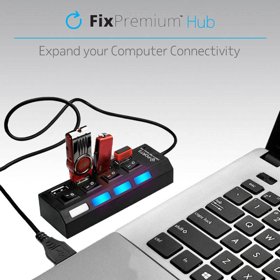 FixPremium - USB hub kapcsolóval 7 USB-hez, fekete