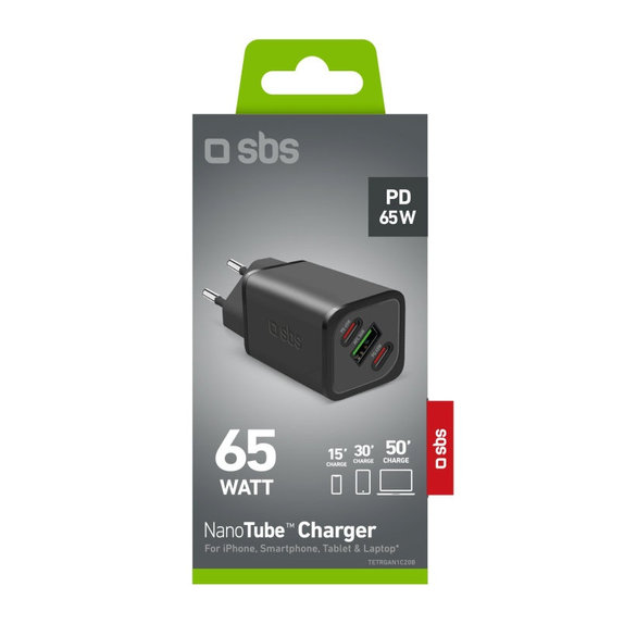 Utazási adapter NanoTube 2x USB-C/USB-A, GaN, 65 W PD, fekete, SBS