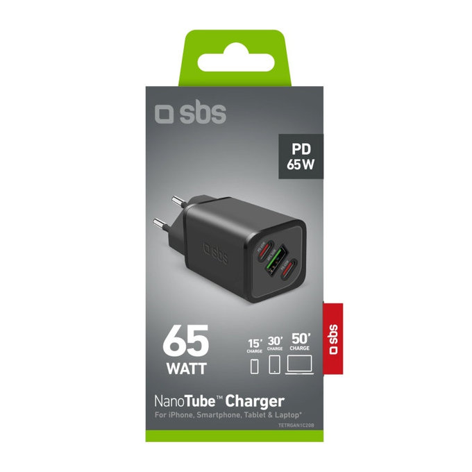 Utazási adapter NanoTube 2x USB-C/USB-A, GaN, 65 W PD, fekete, SBS
