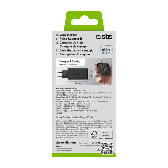 Utazási adapter NanoTube 2x USB-C/USB-A, GaN, 65 W PD, fekete, SBS
