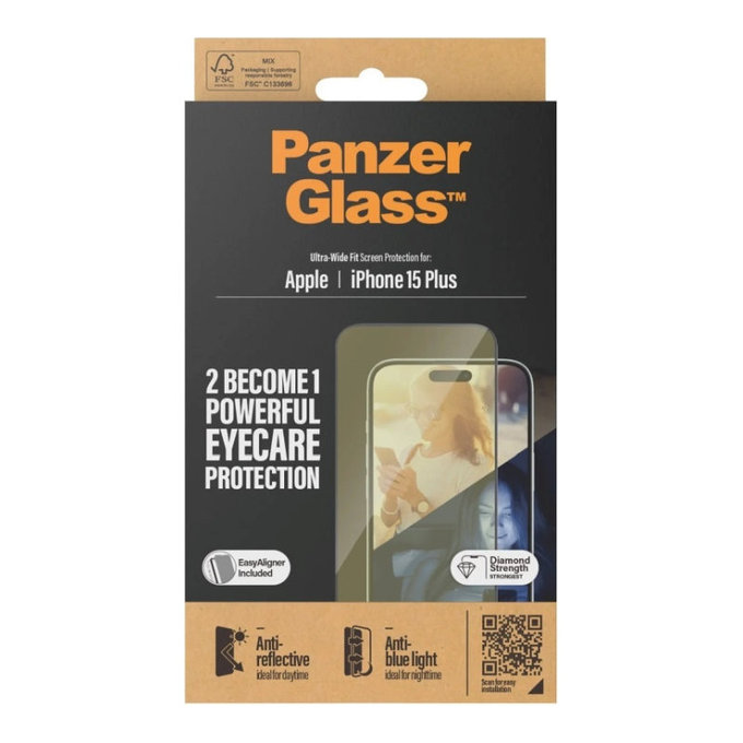 Edzett üveg UWF Eyecare applikátorral iPhone 15 Plus készülékhez, Fekete, PanzerGlass