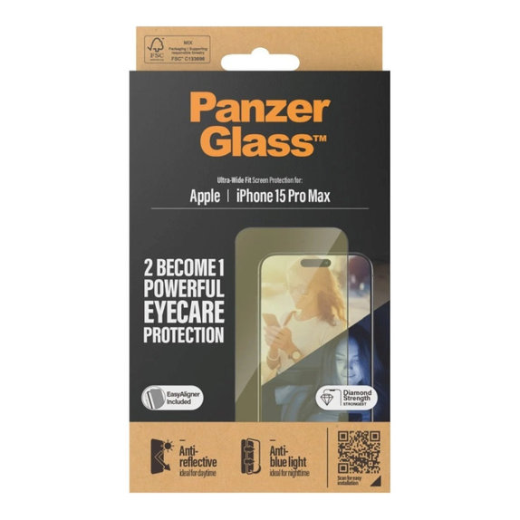 Edzett üveg UWF Eyecare applikátorral iPhone 15 Pro Max készülékhez, Fekete, PanzerGlass