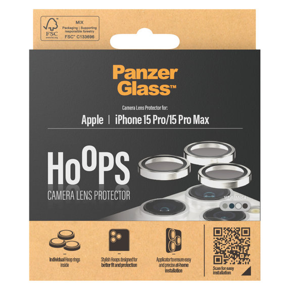 Kameralencse-védő Hoops iPhone 15 Pro/15 Pro Max készülékhez, White Metal, PanzerGlass