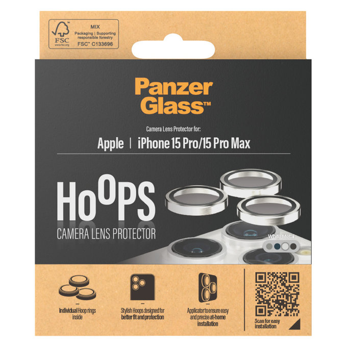 Kameralencse-védő Hoops iPhone 15 Pro/15 Pro Max készülékhez, White Metal, PanzerGlass