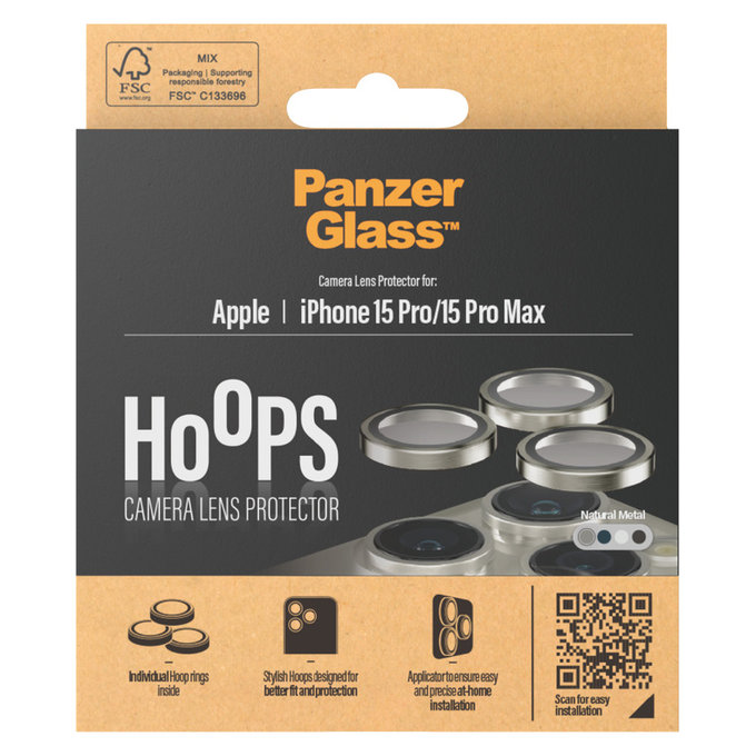 Kameralencse-védő Hoops iPhone 15 Pro/15 Pro Max készülékhez, Natural Metal, PanzerGlass