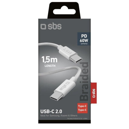 SBS - Fonott kábel USB-C/USB-C, PD, 60W, 2m, fehér