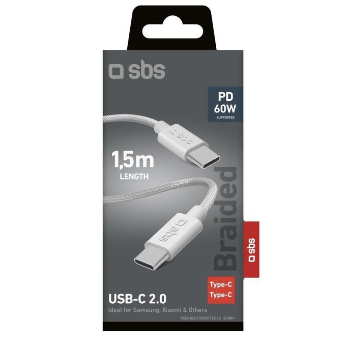 SBS - Fonott kábel USB-C/USB-C, PD, 60W, 2m, fehér