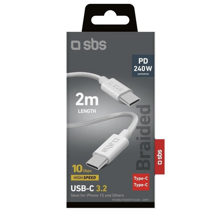 SBS - Fonott kábel USB-C/USB-C, PD, 240W, 2m, fehér