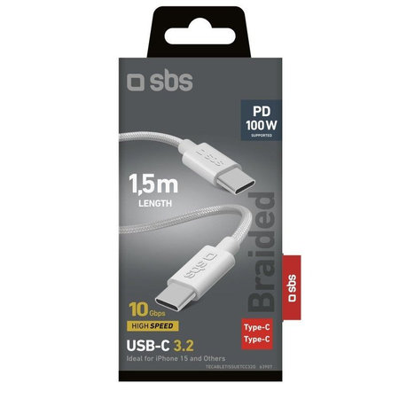 SBS - Fonott kábel USB-C/USB-C, PD, 100W, 1.5m, fehér
