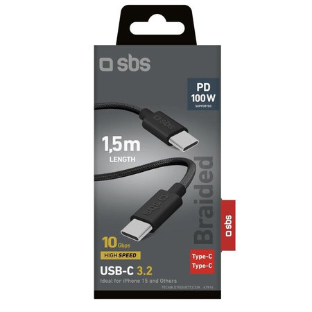 SBS - Fonott kábel USB-C/USB-C, PD, 100W, 1.5m, fekete