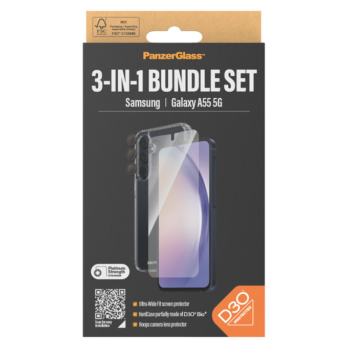 Bundle Hoops + Edzett üveg UWF + Hard Case D3O Samsung Galaxy A55 5G készülékhez, PanzerGlass
