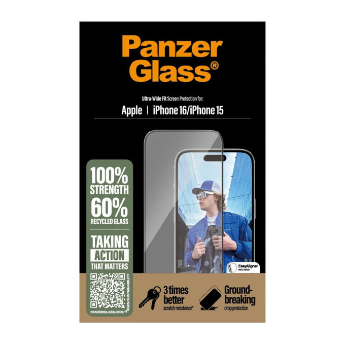 UWF edzett üveg applikátorral iPhone 16/15 készülékhez, Fekete, PanzerGlass