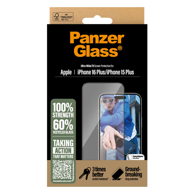 PanzerGlass - Edzett Üveg UWF az applikátorral - iPhone 16 Plus, tiszta