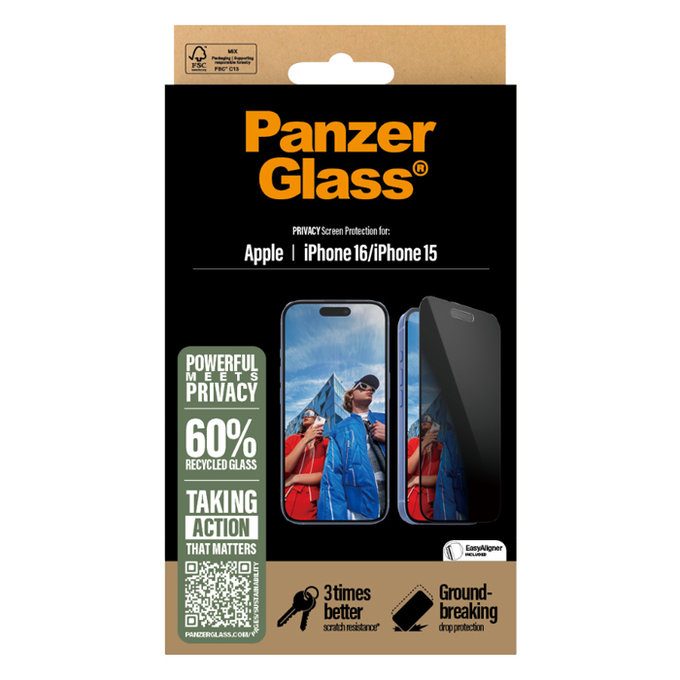 PanzerGlass - Edzett Üveg UWF Privacy az applikátorral - iPhone 16, fekete