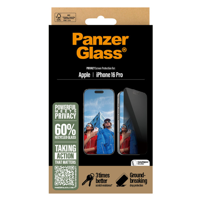 PanzerGlass - Edzett Üveg UWF Privacy az applikátorral - iPhone 16 Pro, fekete