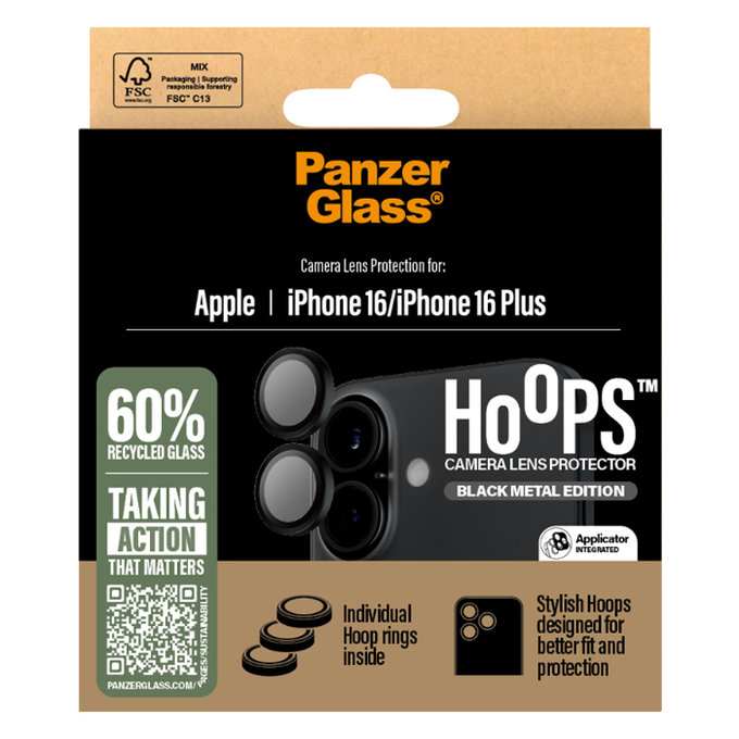 PanzerGlass - Kameralencse Védőburkolat Hoops - iPhone 16 és 16 Plus, fekete